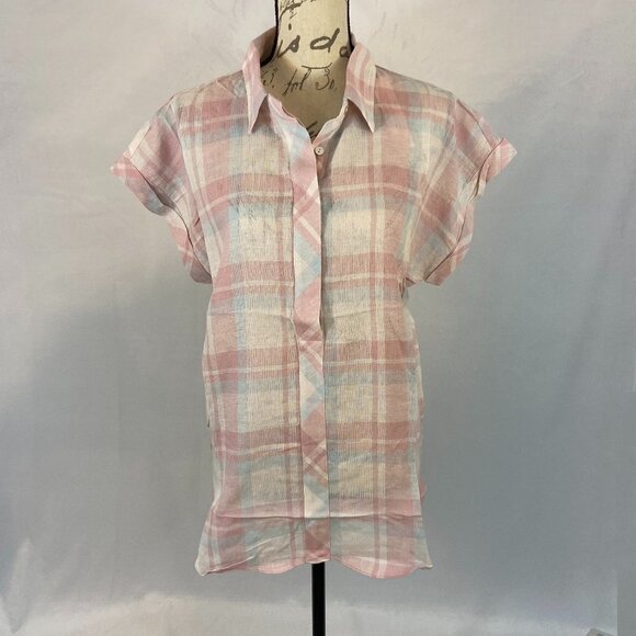 Lovestitch Blouse Top Women's Sz L Short Sleeve Collared Pink Ivory Blue Plaid - Picture 1 of 9